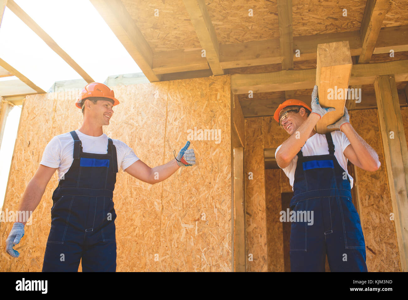 Two young man building wooden house. Ecology concept Stock Photo - Alamy