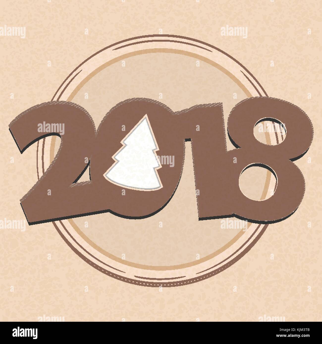 New Years Twenty Eighteenth in Numbers With Cut Out Christmas Tree Over Hand Drawn Style Circle on Brown Paper Stock Vector