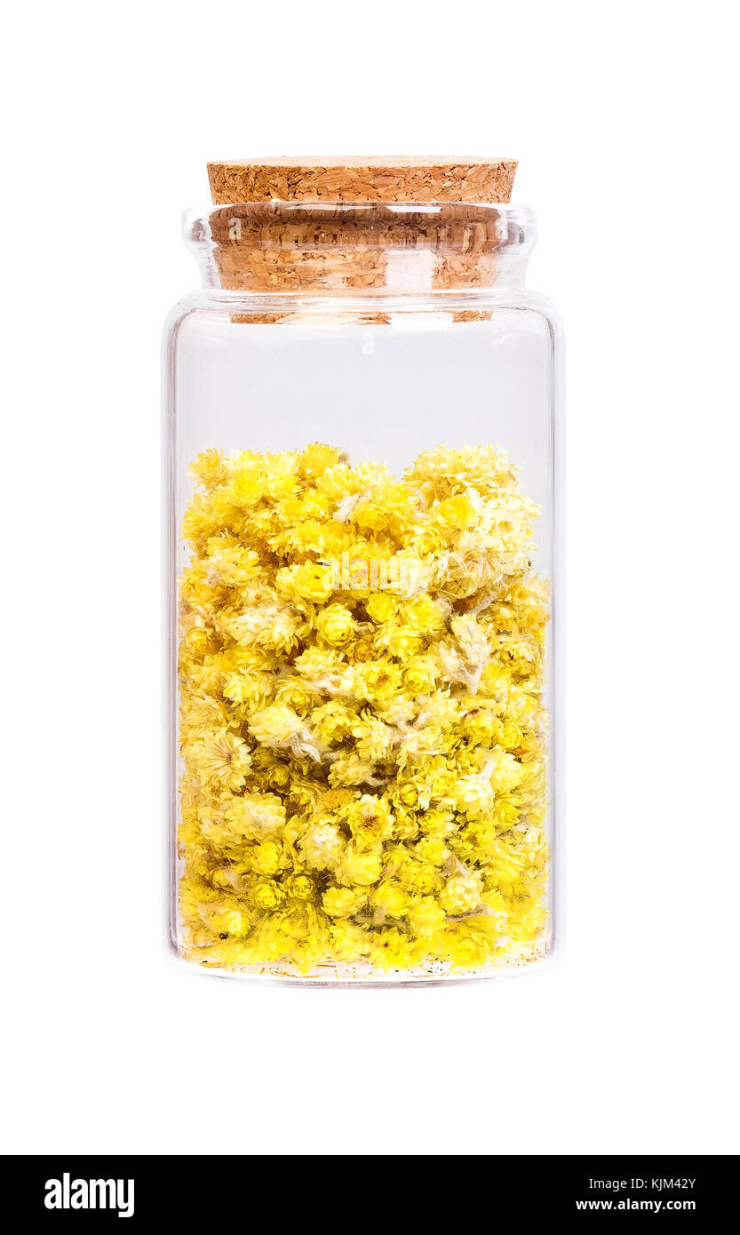 Helichrysum flowers in a bottle with cork stopper for medical us Stock Photo