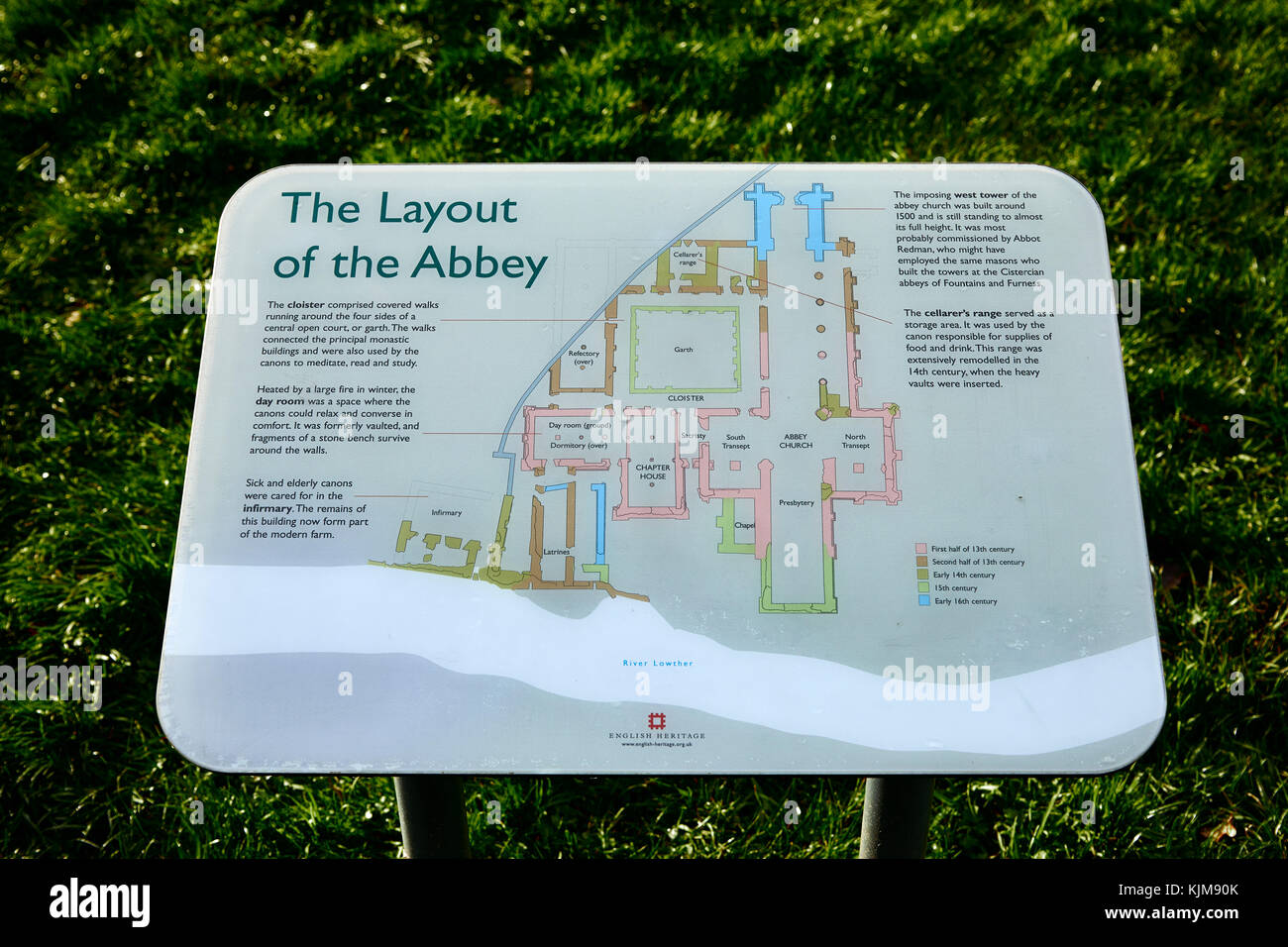 English Heritage information panels at Shap Abbey, Shap, Cumbria Stock Photo