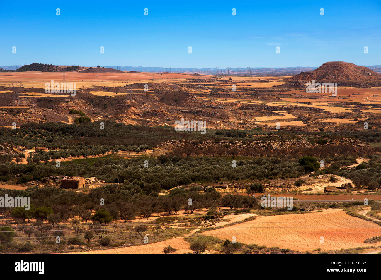 an aerial view of a rural landscape in Caspe, in the Autonomous Community of Aragon, Spain Stock Photo