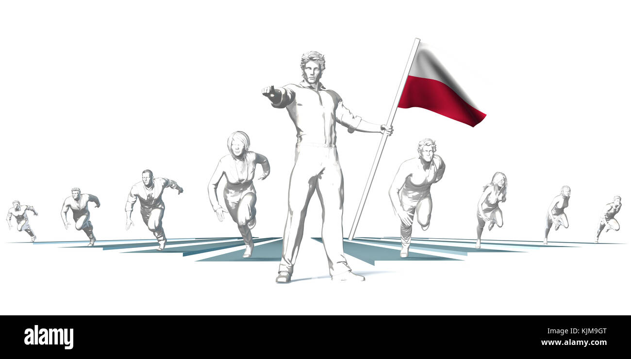 Poland Racing to the Future with Man Holding Flag Stock Photo
