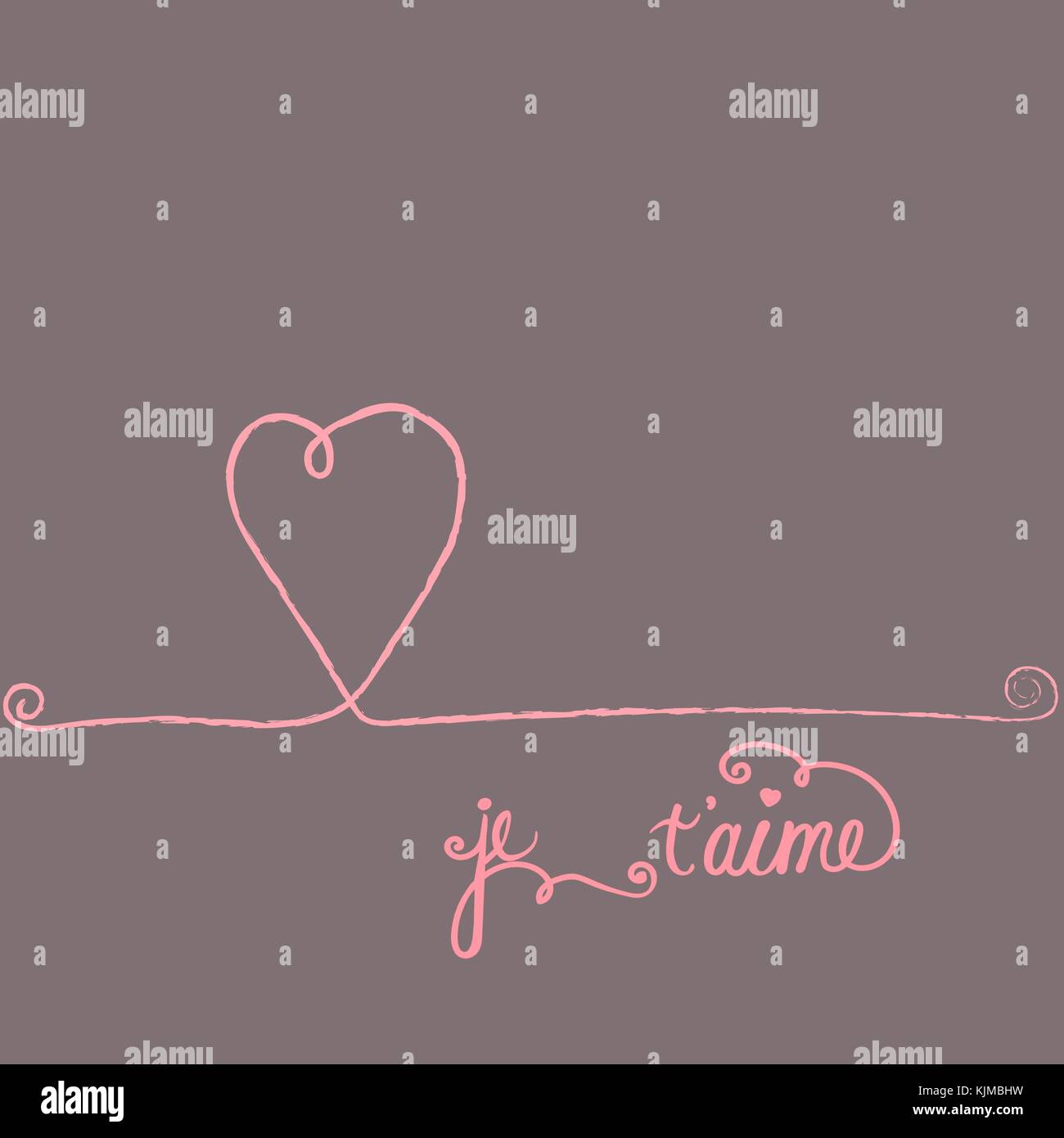 Freehand Doodle Vector Greeting Card Je T'aime Lettering in French I Love You. Heart Decorative Swirl Details. Creative Unique Design. Copy Space Temp Stock Vector