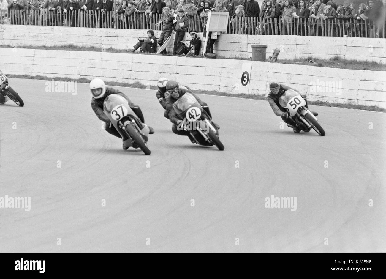 Motorcycle racing at Crystal Palace in England in 1972. This was the final year of racing at this circuit, and the circuit was closed in 1974 due to safety concerns. Stock Photo