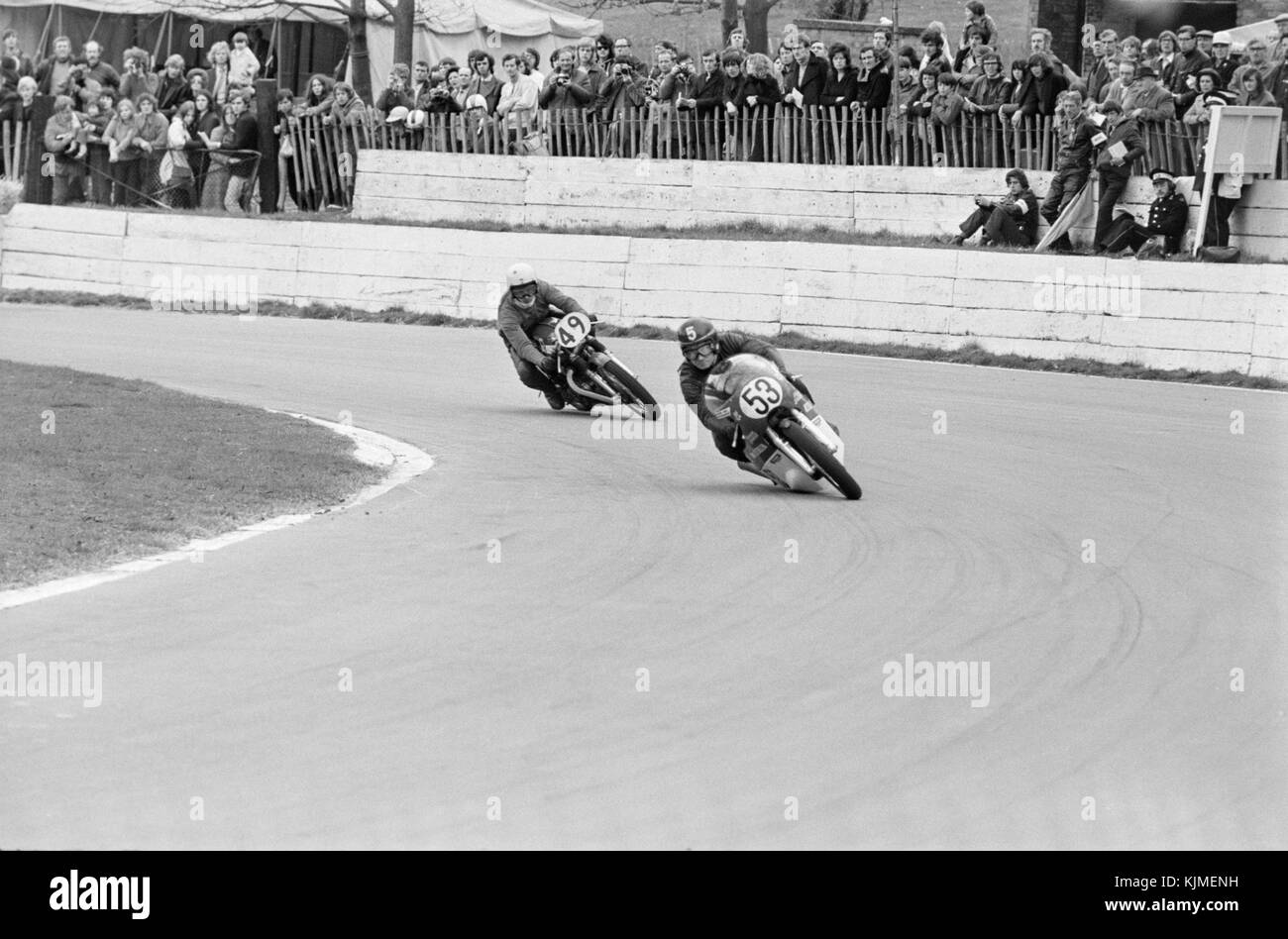 Motorcycle racing at Crystal Palace in England in 1972. This was the final year of racing at this circuit, and the circuit was closed in 1974 due to safety concerns. Stock Photo