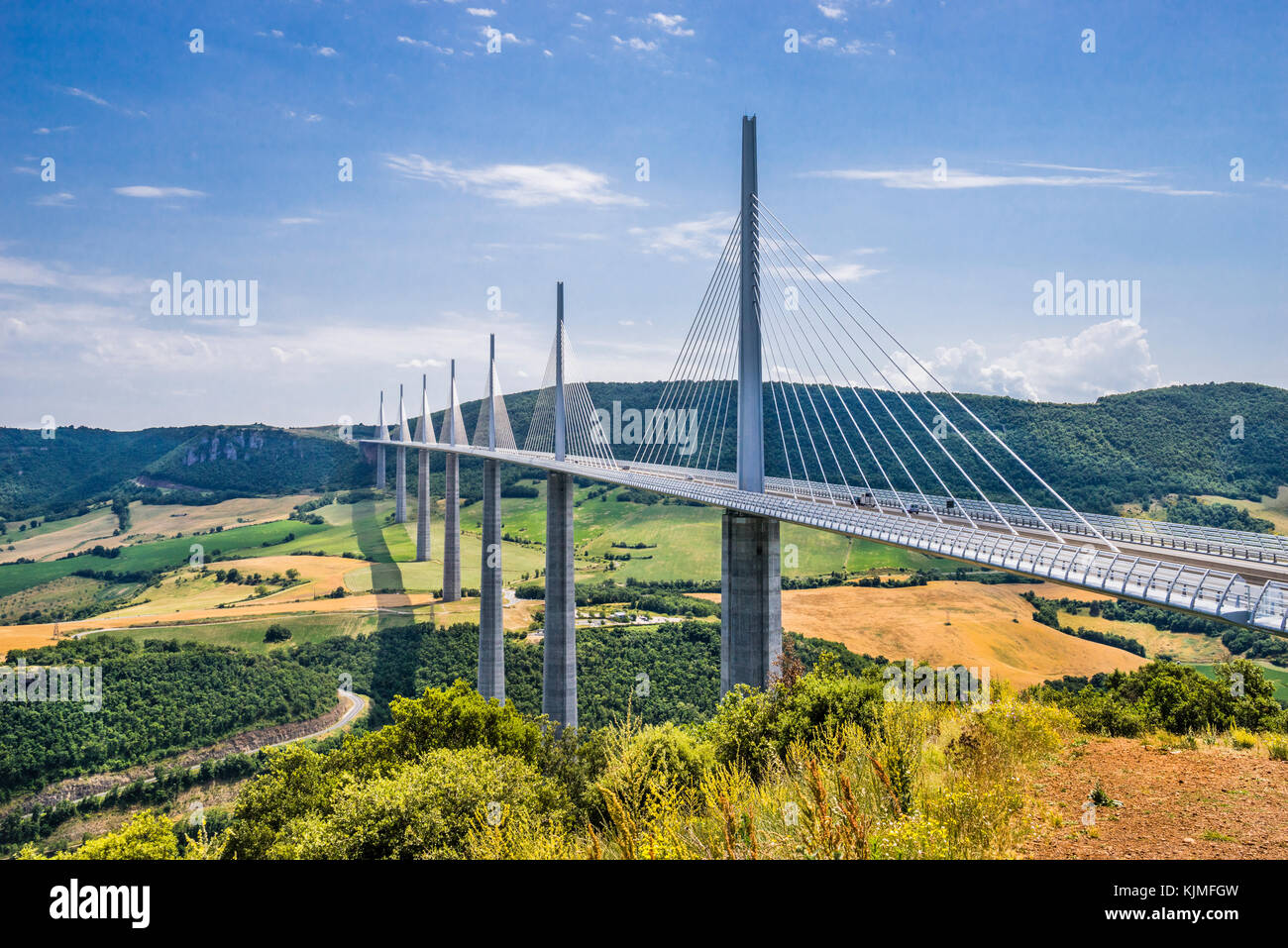 France, Region Occitanie, Aveyron department, Millau Viaduct (le Viaduc de Millau), cable-stayed bridge spanning the gorge valley of the River Tarn Stock Photo