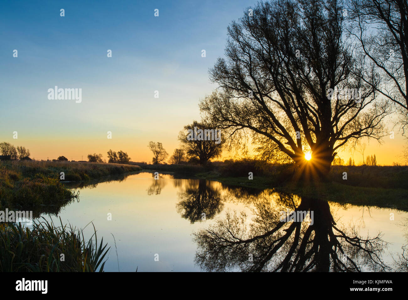 View along the Old West River (River Great Ouse) at dawn in November