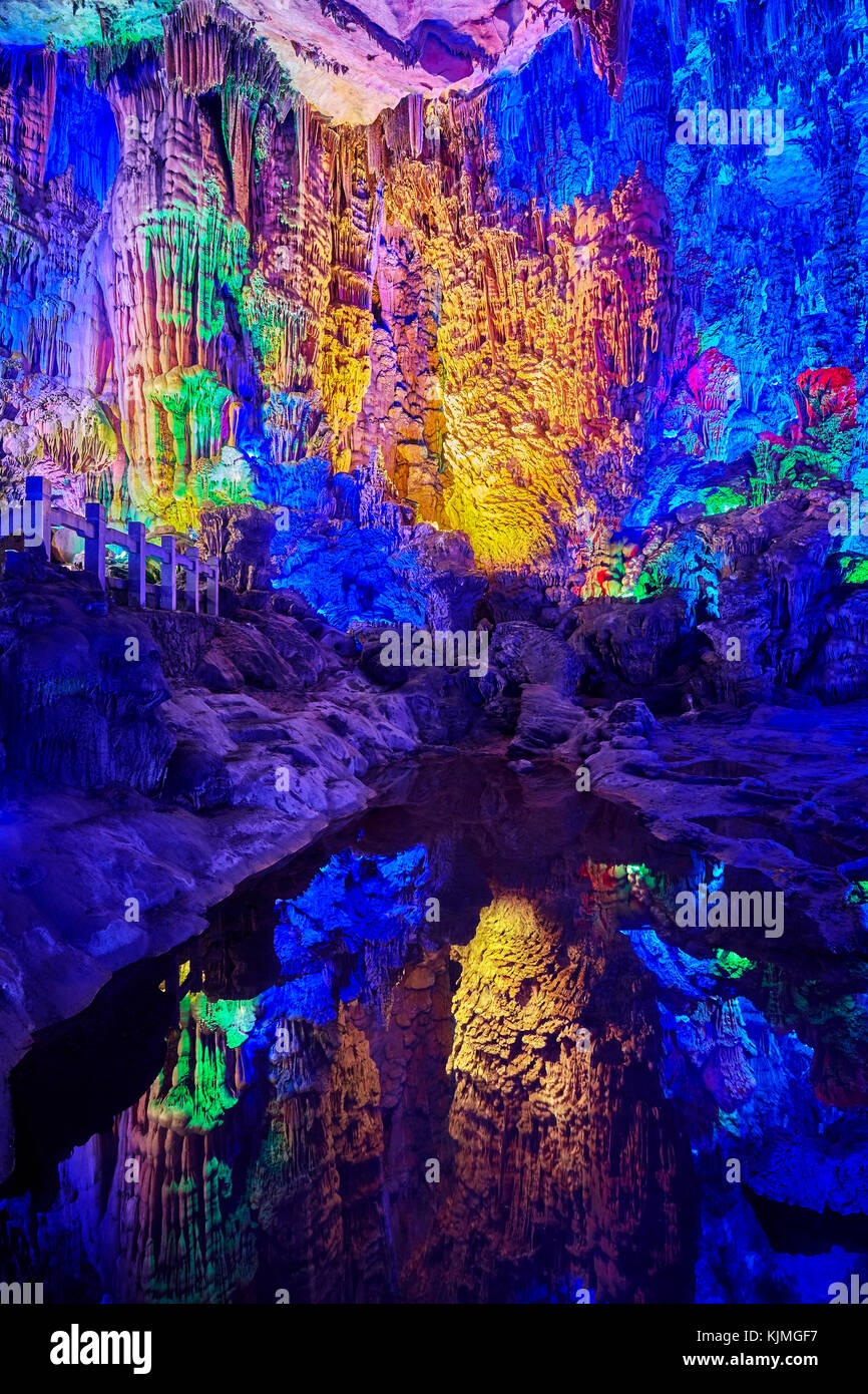 The Reed Flute Cave, natural limestone cave with multicolored lighting