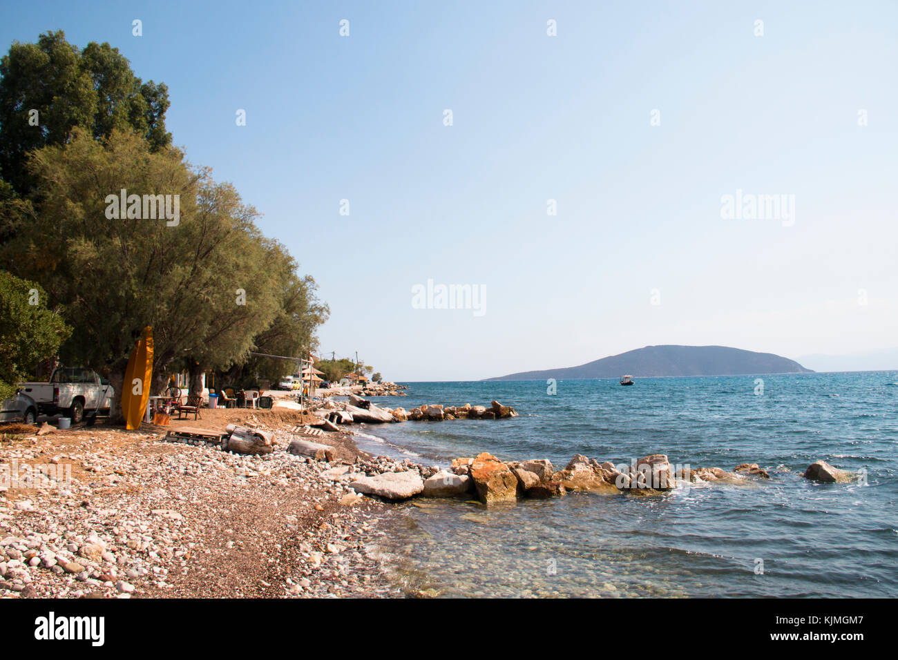 The beach of the small town Iria near Nafplio in Greece Stock Photo