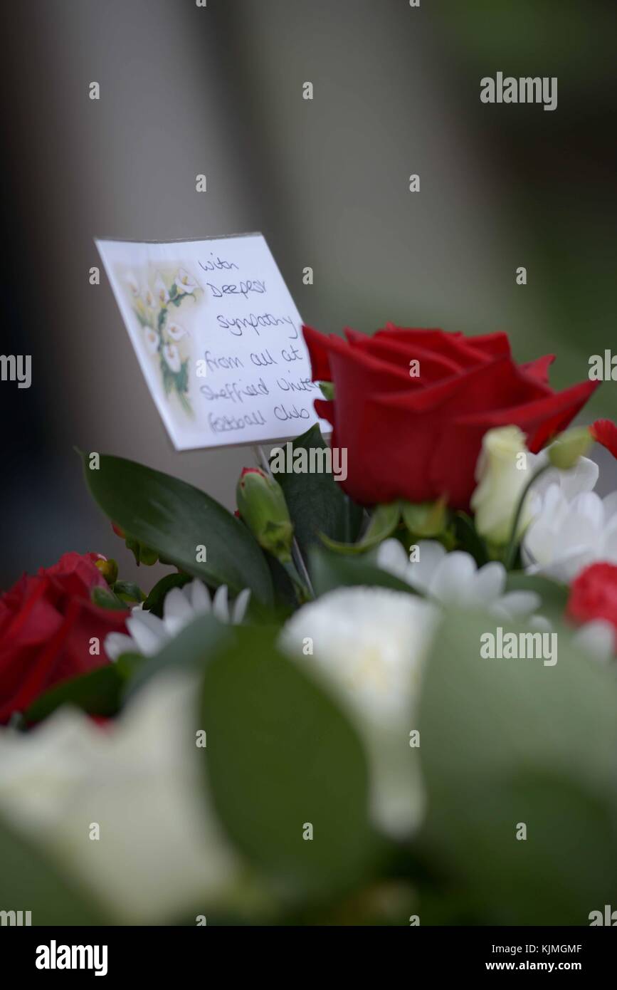 Flowers at Bobby Knutt's funeral at Wentworth Church, near Rotherham, South Yorkshire, UK. Stock Photo