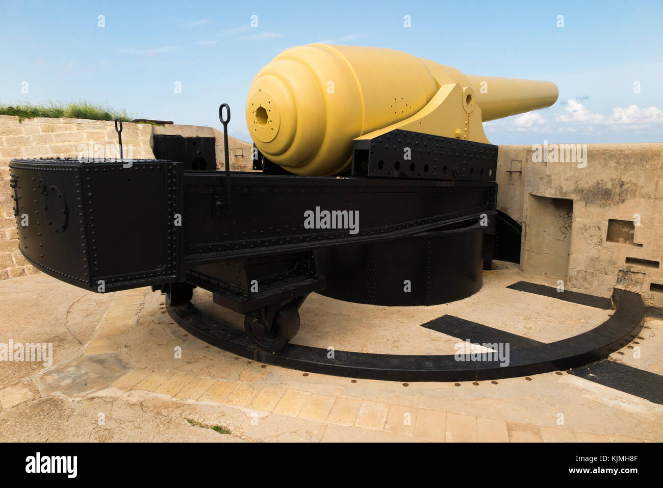 The Armstrong 100 ton gun at Fort Rinella, Malta. The muzzle loading 100 ton gun is the largest front loading cannon / gun battery in the world. (91) Stock Photo