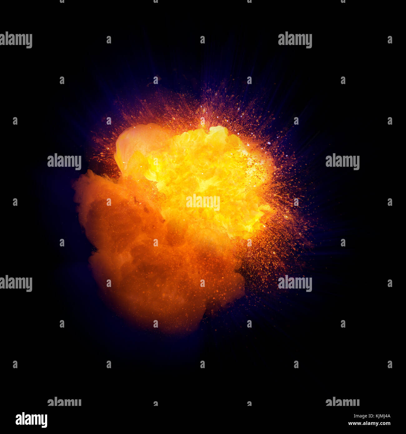 Realistic fire explosion, orange color with blue cast and sparks isolated on black background Stock Photo