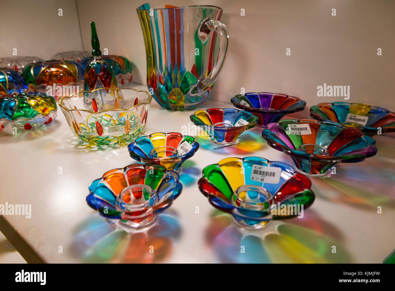 Mdina shop selling glass products / blown glass / vase / vases on sale / for sale in the walled town of Mdina in Malta. (91) Stock Photo