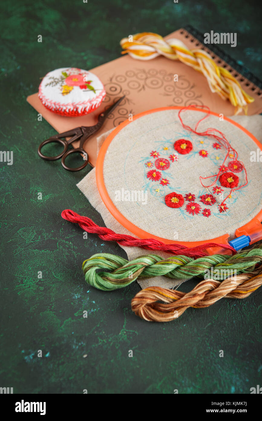 Set with embroidery in the process, the embroidery frame, linen cloth