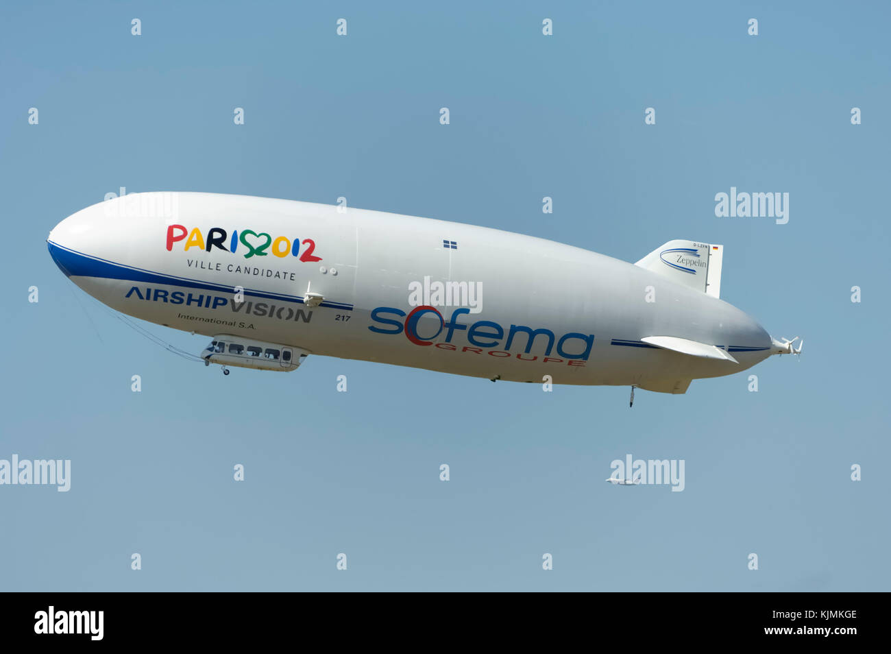 flying-display with adverts for Soferma, Airship Vision International SA and Paris 2012 Olympic Games candidate city at the 2005 Paris AirShow, Salon- Stock Photo