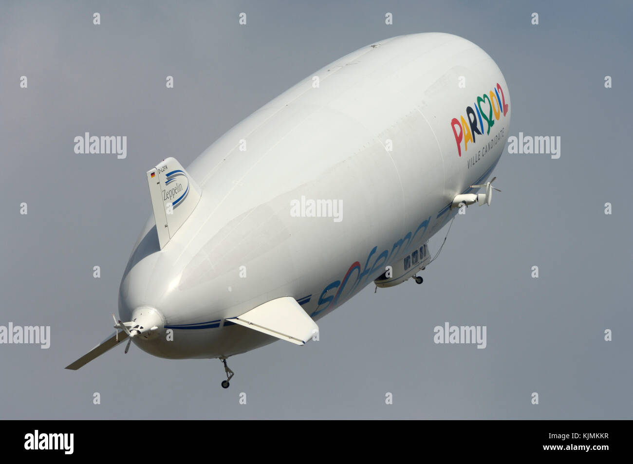 flying-display with adverts for Soferma, Airship Vision International SA and Paris 2012 Olympic Games candidate city at the 2005 Paris AirShow, Salon- Stock Photo