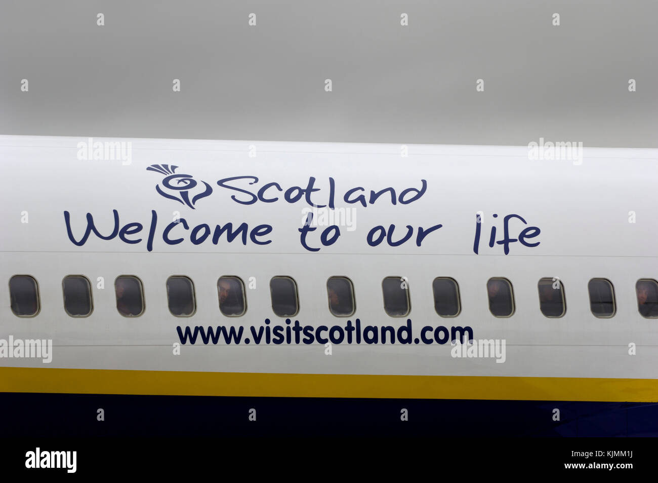 'Scotland Welcome to our life www.visitscotland.com' advert titles on the fuselage Stock Photo