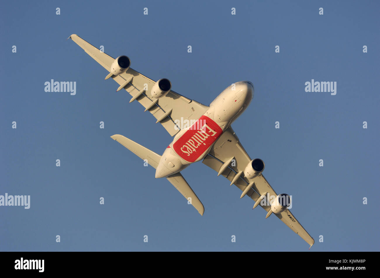 Airbus A380 prototype aircraft serial number msn004 flypast showing 'Emirates' logo advert underneath Stock Photo