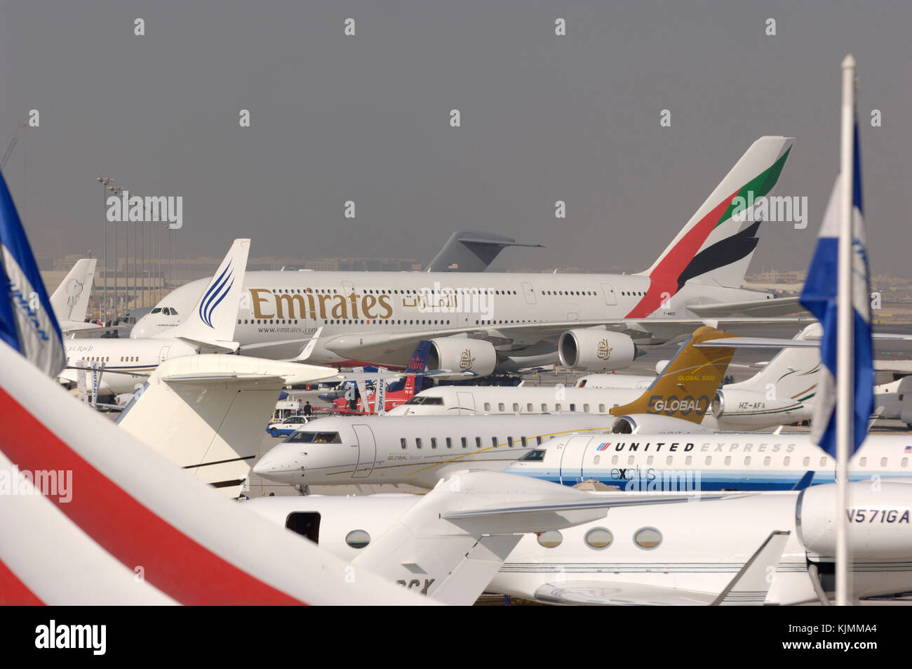 CRJ-700, Global 5000, Boeing 737 and A380 parked in the static-display Stock Photo