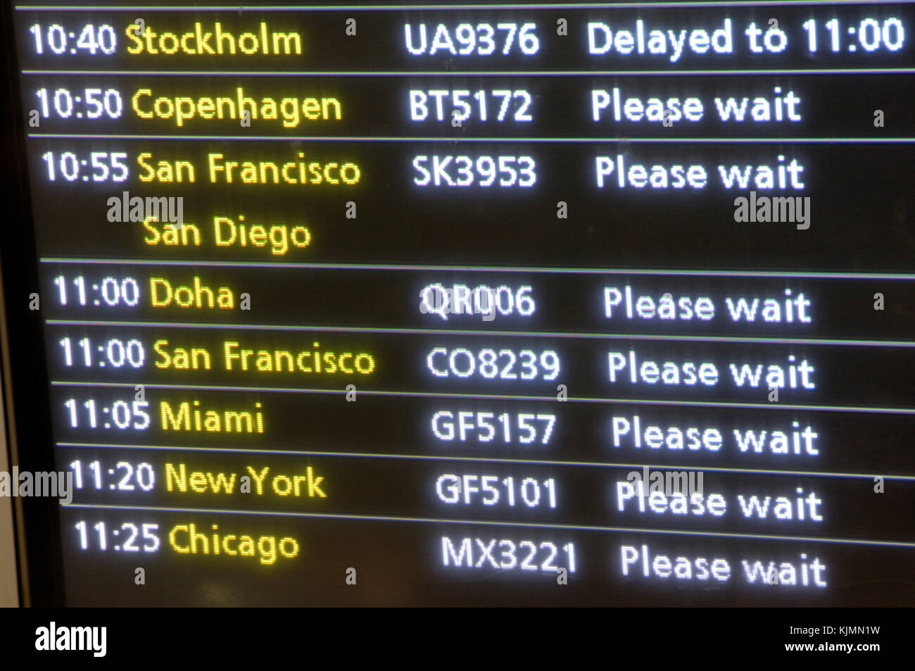 kun Junior hente Flight departures information screen showing Stockholm, Copenhagen, San  Francisco, San Diego, Doha, Miami, New York and Chicago in Terminal3 Stock  Photo - Alamy