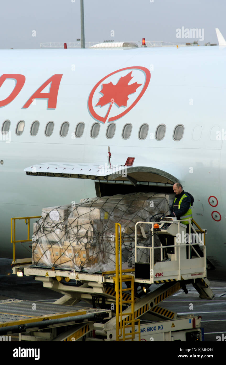 Man wearing yellow high-viz tabard loading cargo into an Air Canada Airbus A340-300 parked at Terminal3 Stock Photo