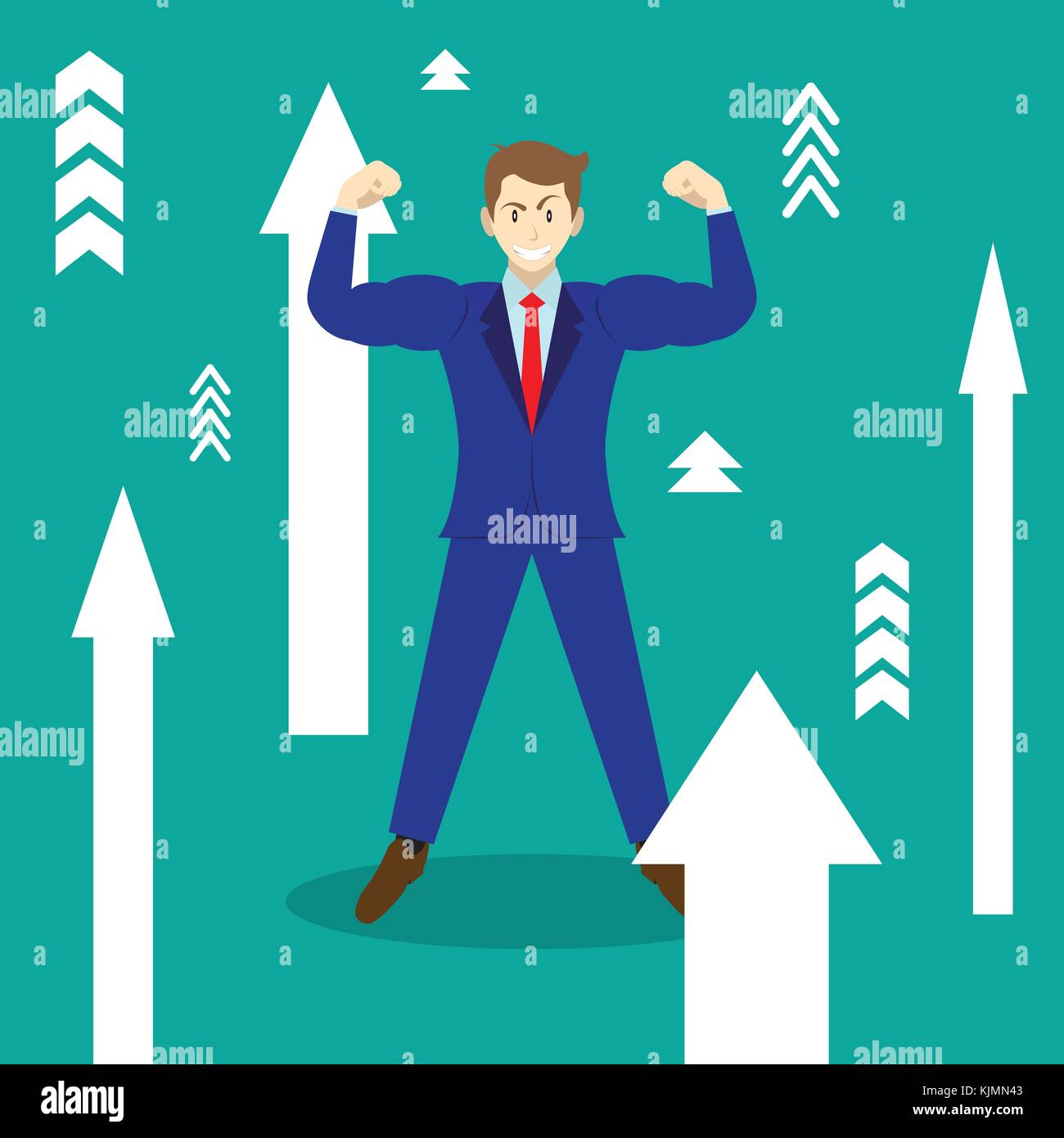 Business Concept As A Full-Energy Muscular Businessman Is Standing Among White Upward Arrows. It Means Enhancing, Strengthening Self Performance. Stock Vector