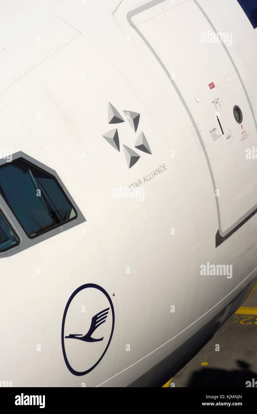 Star Alliance and Lufthansa logos, windshield and door of the Lufthansa Airbus A330-300 Stock Photo