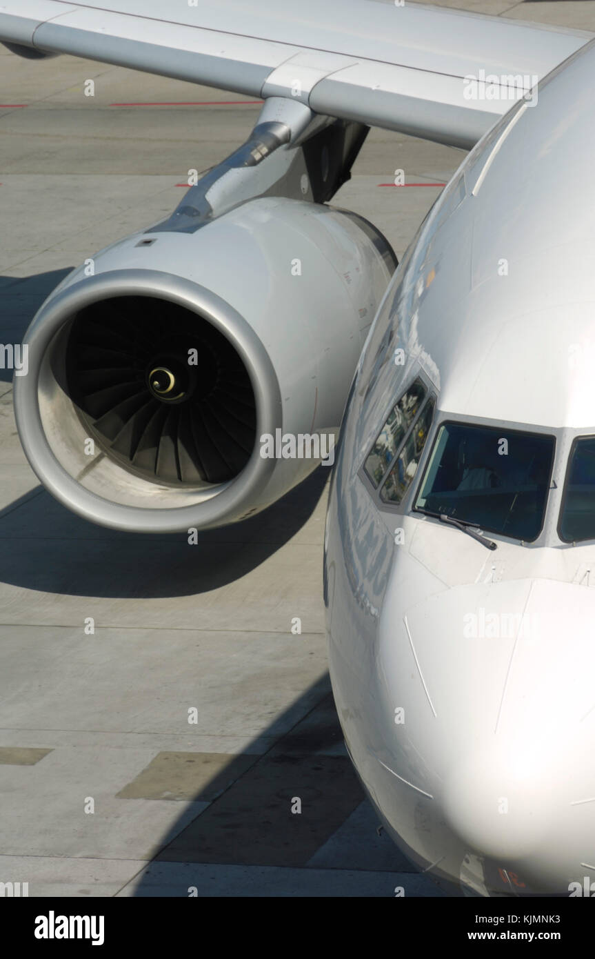 Rolls-Royce Trent 772B-60 engine intake and windshield of the Lufthansa Airbus A330-300 Stock Photo