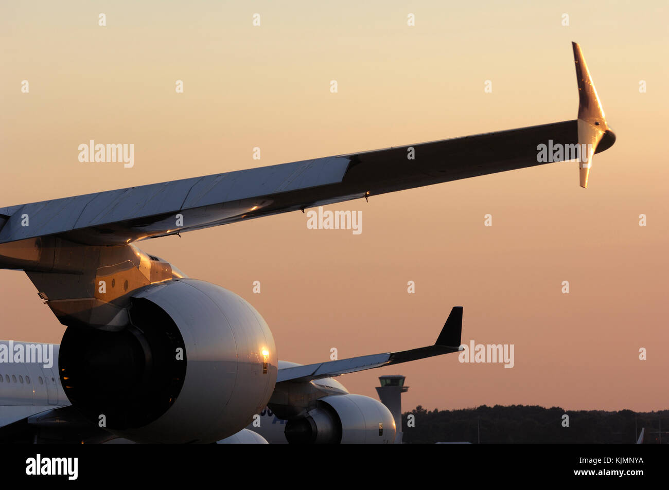 winglet and Rolls-Royce Trent 900 engine cowling of the Airbus A380-800 and winglet and Trent 556 engine cowling of the A340-600 parked in the static- Stock Photo