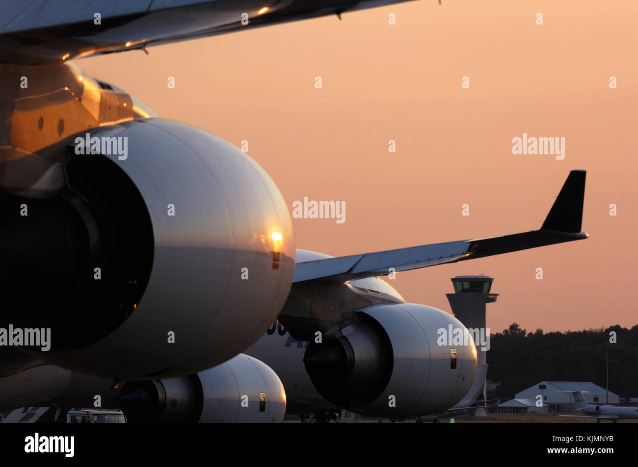 Rolls-Royce Trent 900 engine cowling of the Airbus A380-800 and winglet and Trent 556 engine cowling of the A340-600 parked in the static-display at t Stock Photo