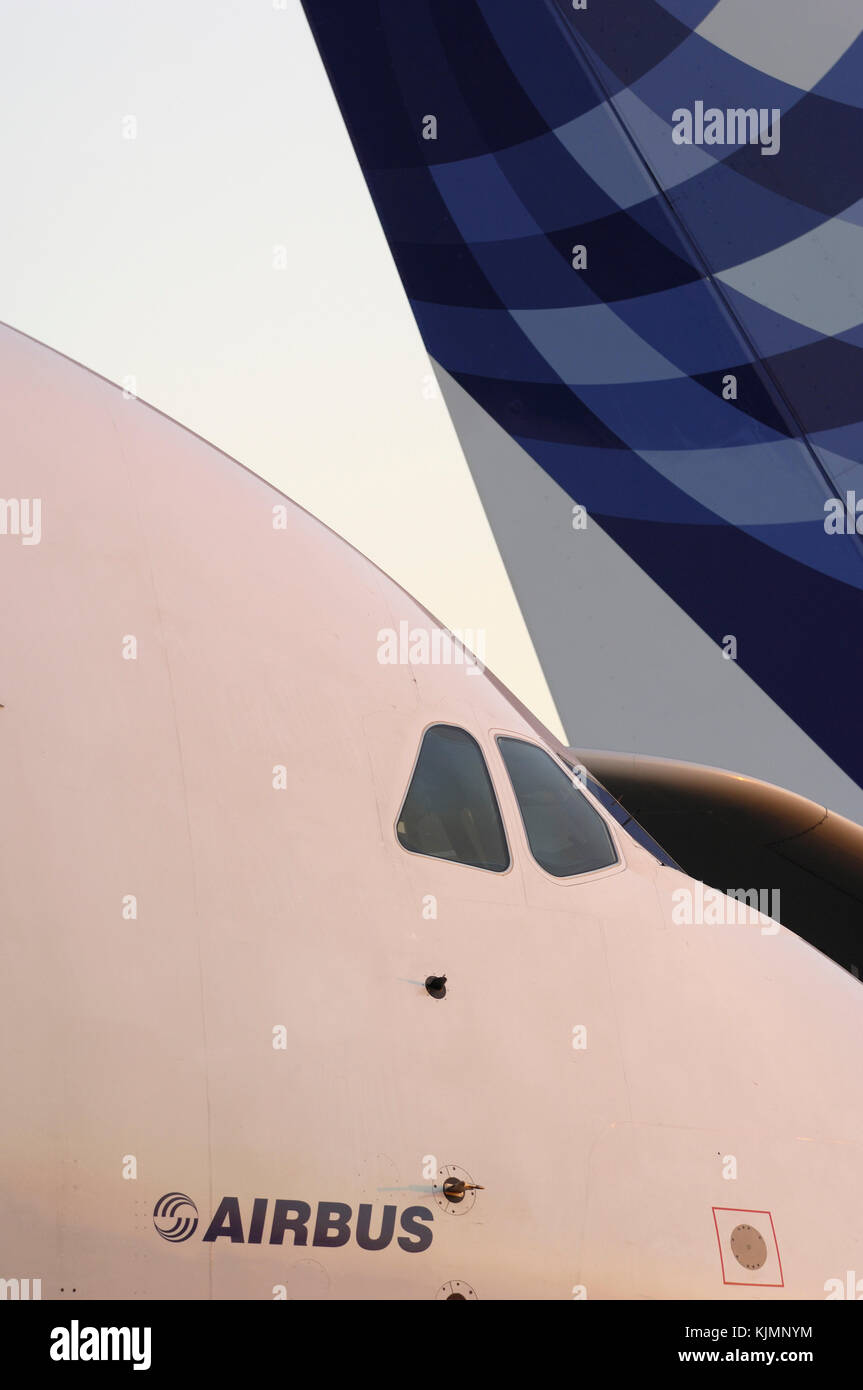 windshield and door of the Airbus A380-800 and tail-fin of the A340-600 parked in the static-display at the 2006 Farnborough International Airshow Stock Photo