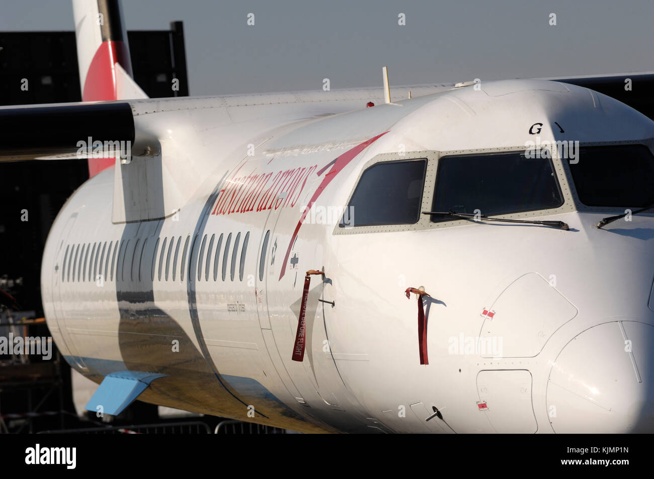 Austrian Arrows Bombardier DHC-8 Q400 parked in the static-display at the 2006 Farnborough International Airshow Stock Photo