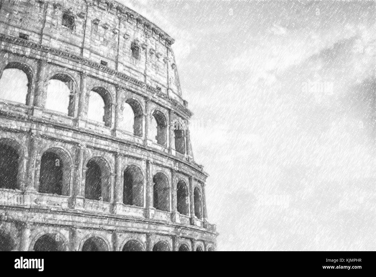 Close up on Roman colloseum in Rome, Italy, black and white, sketch ...