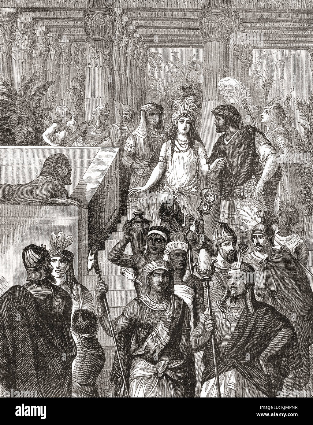 Antony and Cleopatra in Egypt.  Cleopatra VII Philopator, 69 - 30 BC, aka Cleopatra.  Last active ruler of the Ptolemaic Kingdom of Egypt.  Marcus Antonius, 83 - 30 BC, aka Mark or Marc Antony.  Roman politician and general.  From Ward and Lock's Illustrated History of the World, published c.1882. Stock Photo