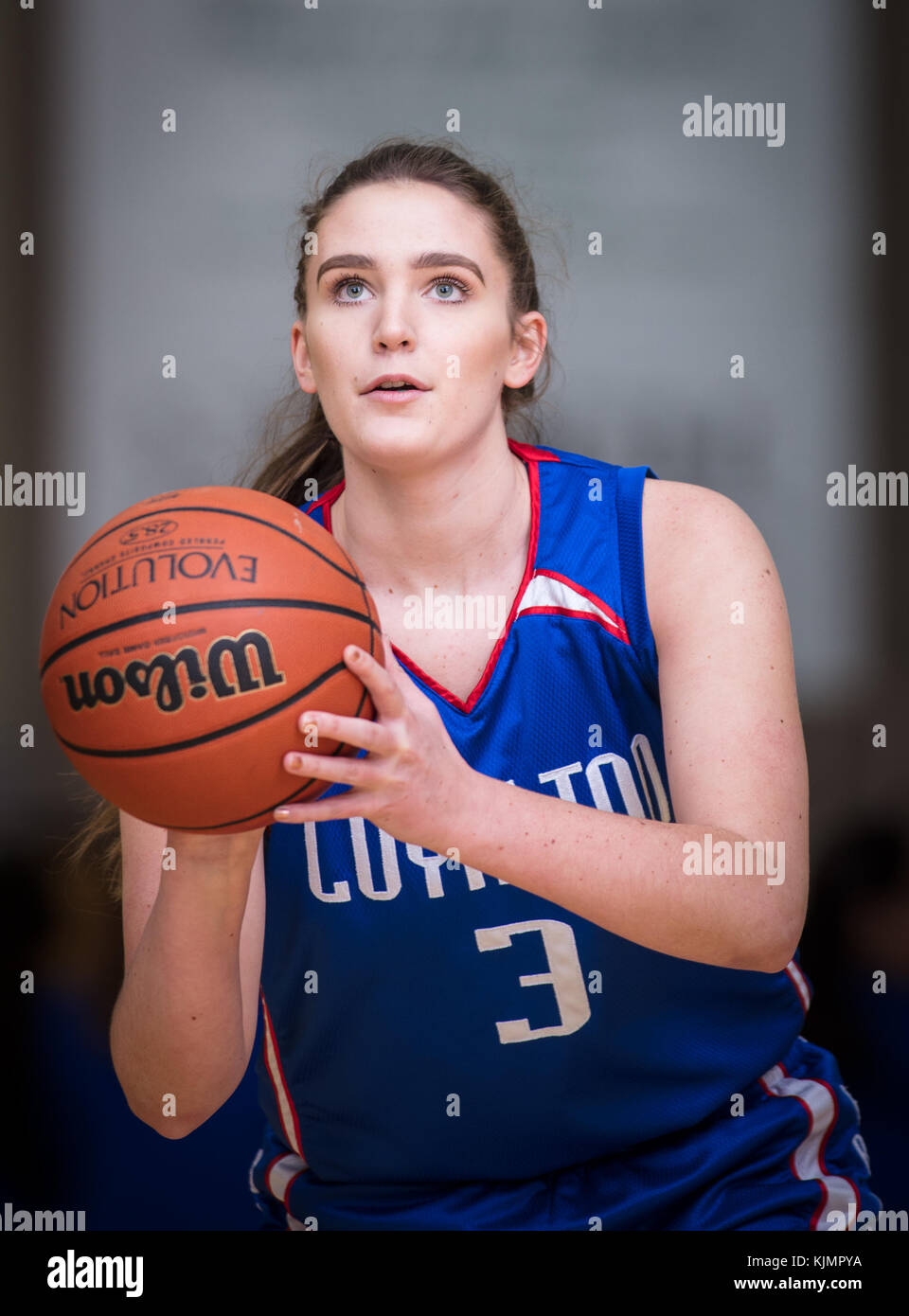 High school basketball action with Fall River vs. Loyalton in at the Shasta College Gym in Redding, California. Stock Photo