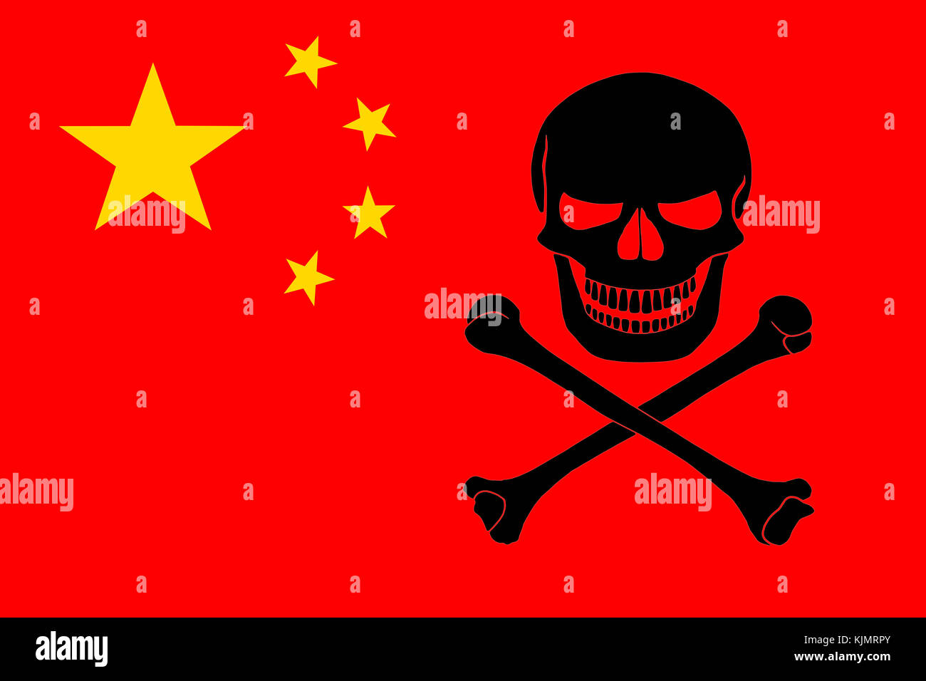 Chinese flag combined with the black pirate image of Jolly Roger with crossbones Stock Photo