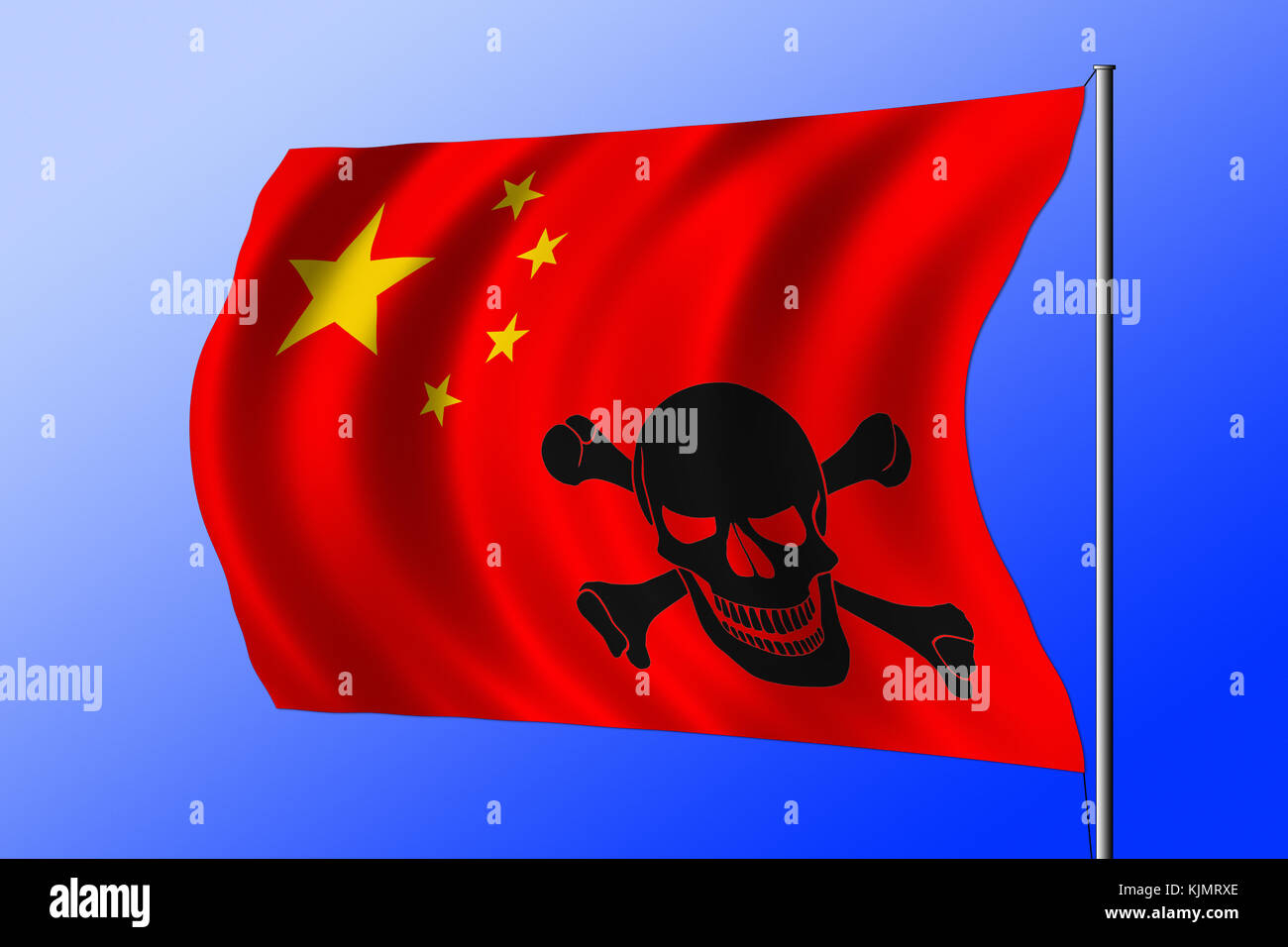 Waving Chinese flag combined with the black pirate image of Jolly Roger with crossbones Stock Photo
