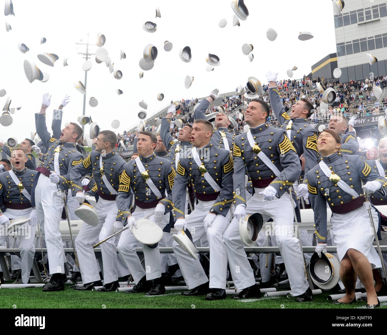 WEST POINT, NY - MAY 21: Vice President Joe Biden Delivers Commencement Address At the West Point graduation ceremony. Cadets throw their hats in the air at the conclusion of the graduation ceremony at the U.S. Military Academy at West Point on May 21, 2016 in West Point, New York.   People:  Cadets Stock Photo