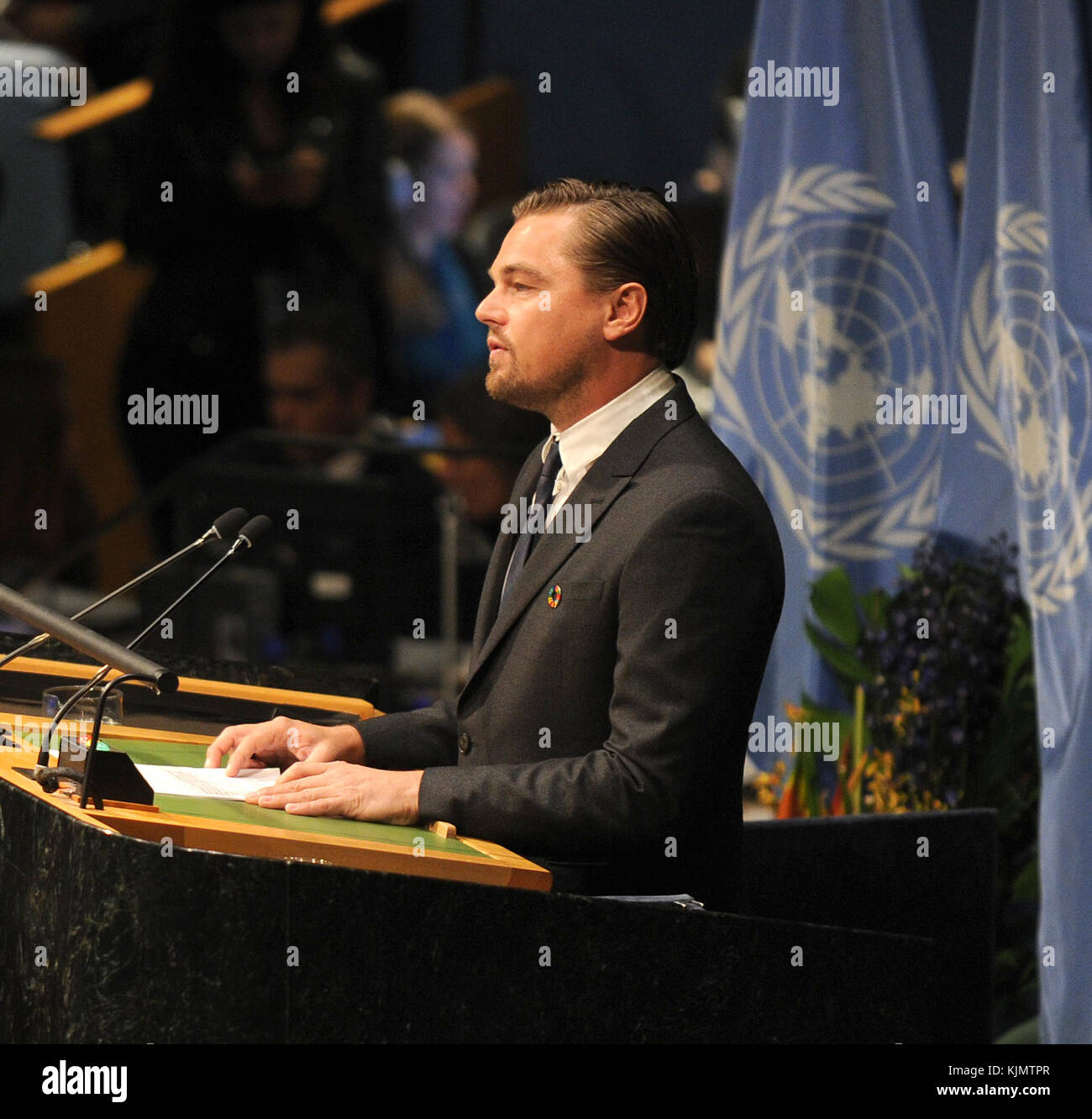 NEW YORK, NY - APRIL 22: Actor/activist Leonardo DiCaprio speaks during the Paris Agreement For Climate Change Signing at United Nations on April 22, 2016 in New York City.   People:  Leonardo DiCaprio Stock Photo