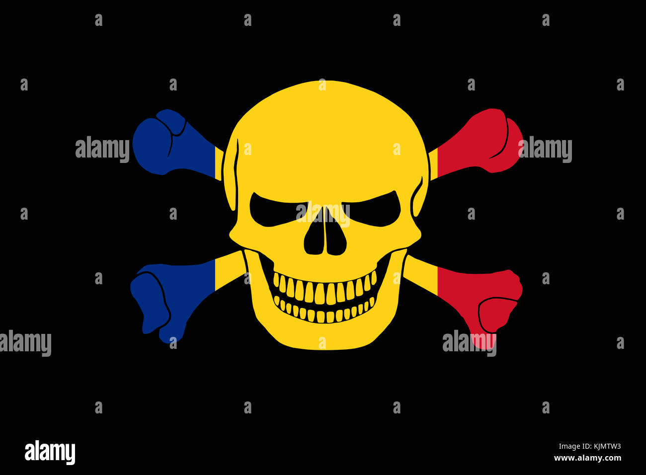 Black pirate flag with the image of Jolly Roger with crossbones combined with colors of the Romanian flag Stock Photo