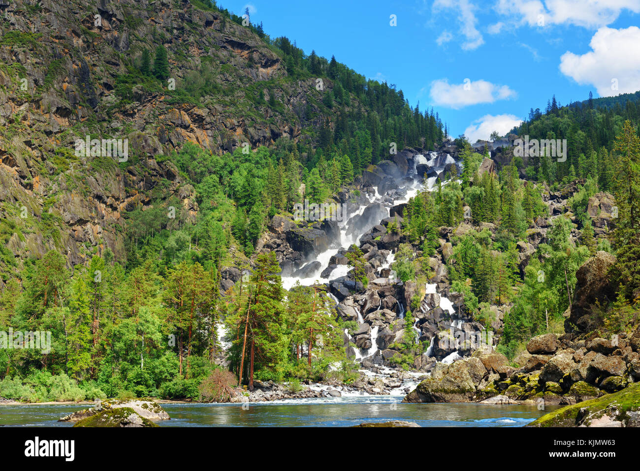 Waterfall Uchar in View in valley of Chulcha river. Altai Republic ...