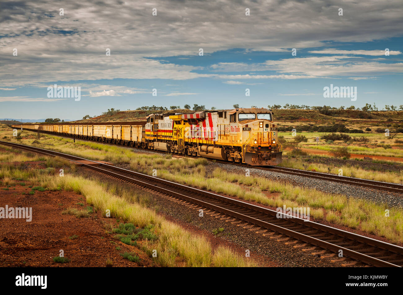 Iron ore train of Rio Tinto in the Pilbara. Stock Photo
