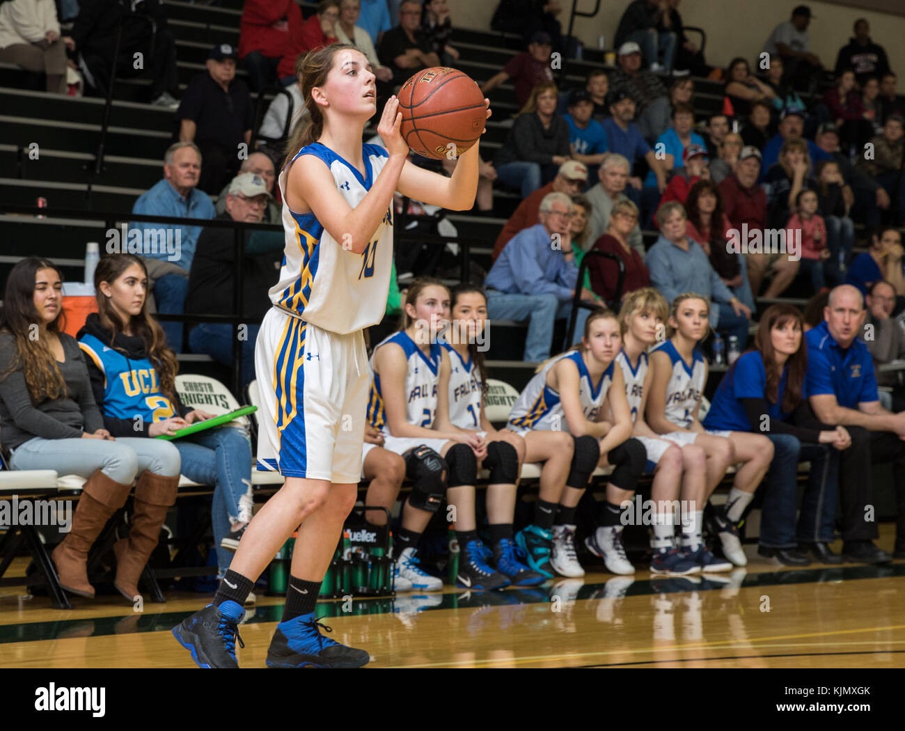 High school basketball action with Fall River vs. Loyalton in at the Shasta College Gym in Redding, California. Stock Photo