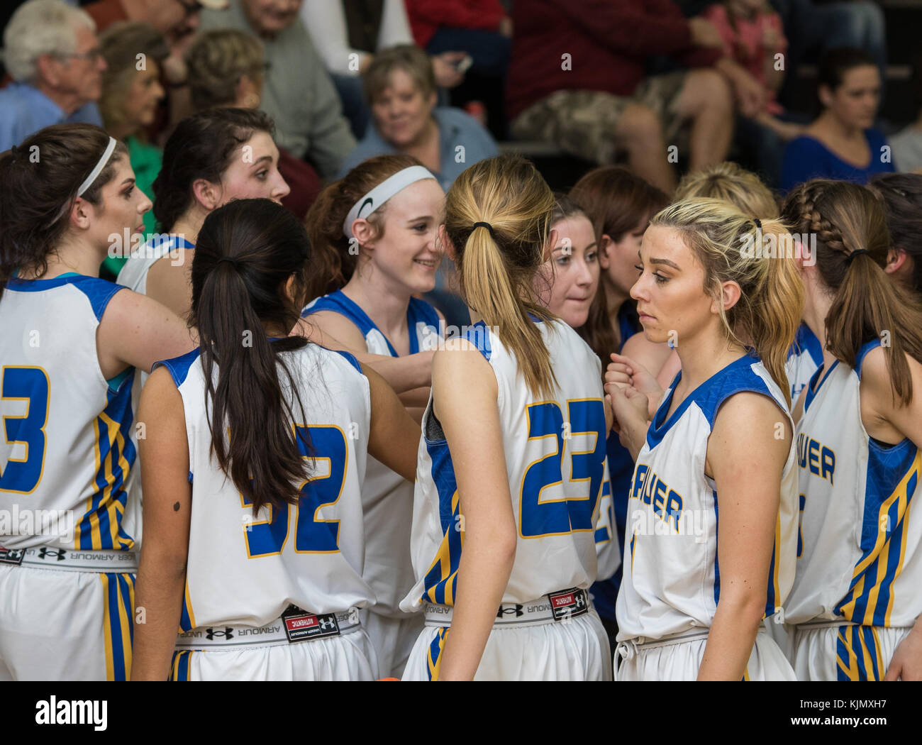 High school basketball action with Fall River vs. Loyalton in at the Shasta College Gym in Redding, California. Stock Photo