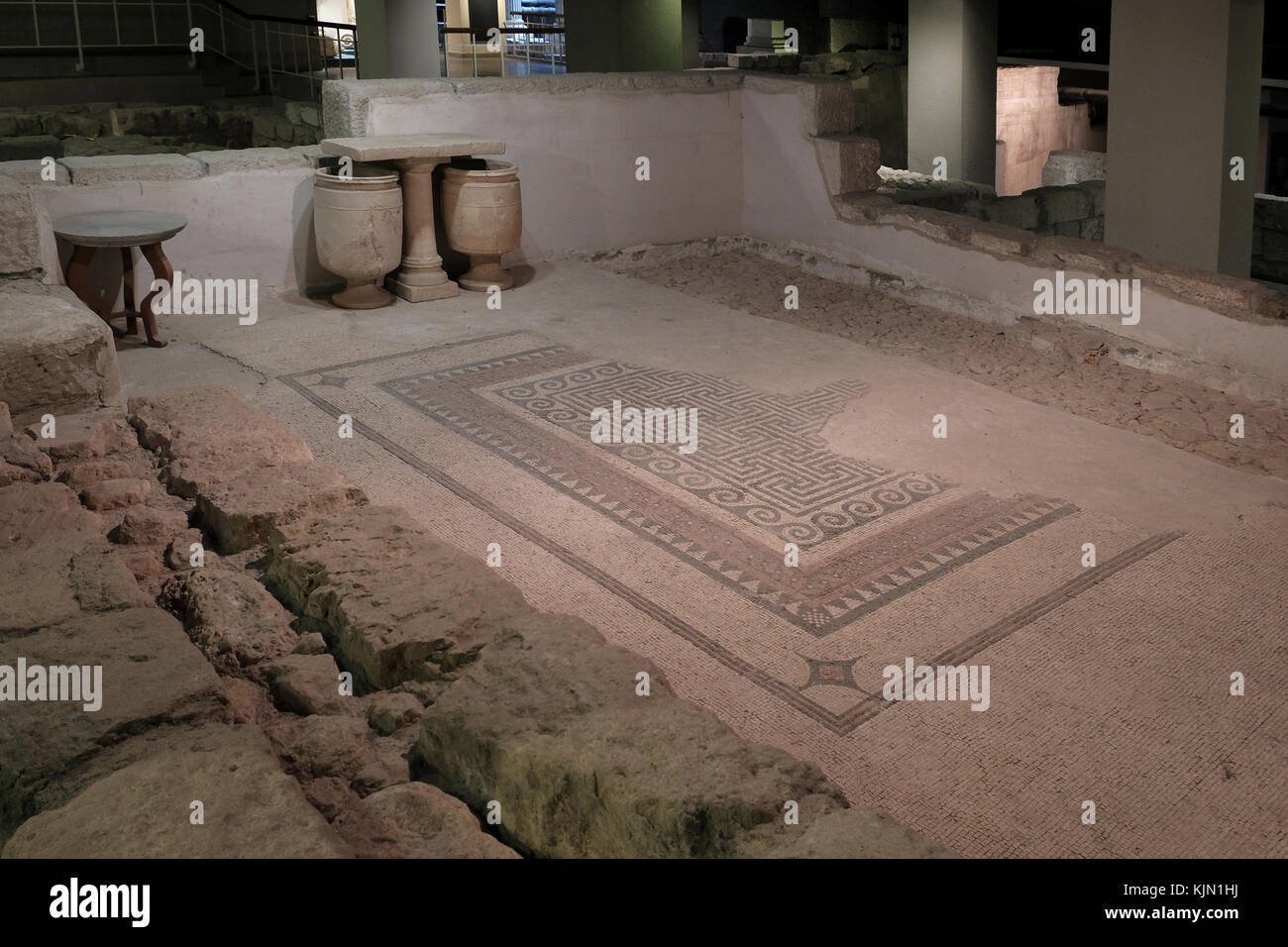 Remains of a floor mosaic uncovered at the site, which was  part of a residential quarter in the time of the Herodian Dynasty (37 BCE 70 CE) located in The Wohl Museum of Archeology also called The Herodian Quarter below the level of the present Jewish Quarter in the Old City East Jerusalem Israel. Stock Photo