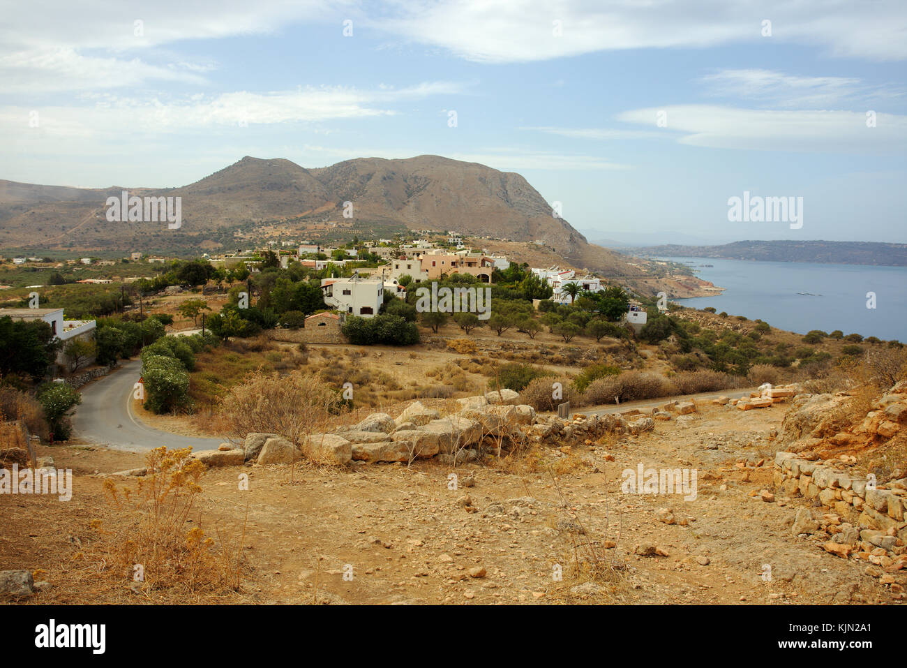 Aptera village crete and the mountains above Chania seen from the archaeological site. This was in ancient times one of the richest cities in Crete. Stock Photo