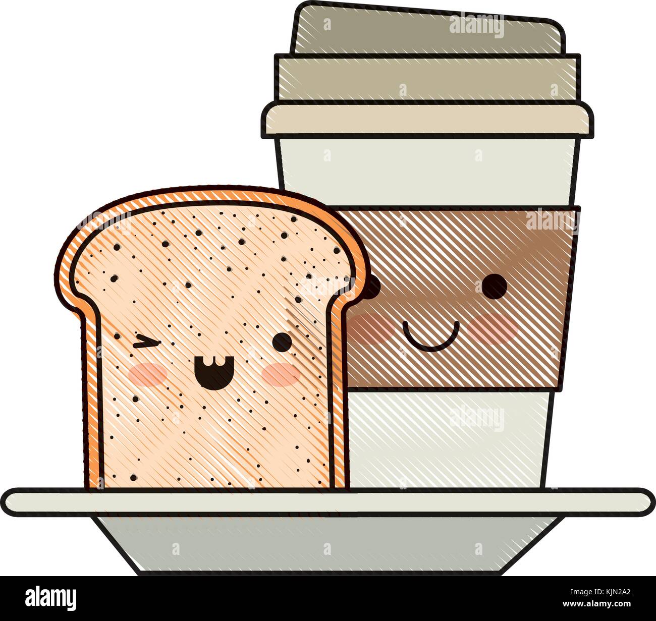 kawaii disposable coffee cup and bread slice in colored crayon