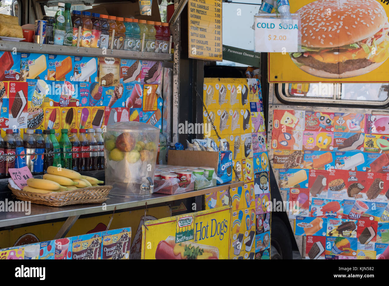 Colorful food truck street food in the capital city, urban center, fast food Stock Photo