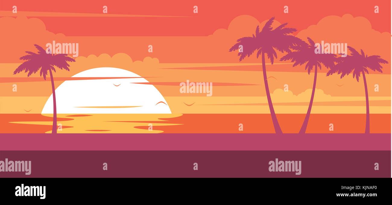 Tropical beach with palm trees and sea - summer resort at sunset Stock Vector