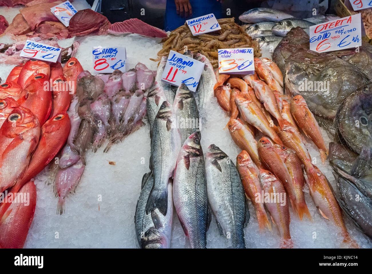 Fresh fish and seafood at a market in Madrid, Spain Stock Photo